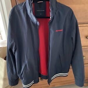 Tommy Hilfiger Men's Navy Bomber Jacket with Red Accents